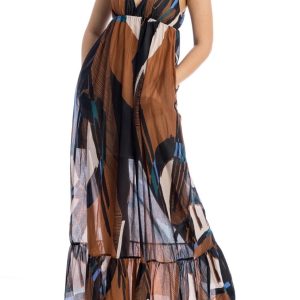 MANILA GRACE abito lungo con balza in cotone a fantasia