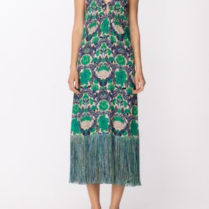 SIMONA CORSELLINI 
Abito lungo con stampa floreale e frange BRIGHT GREEN