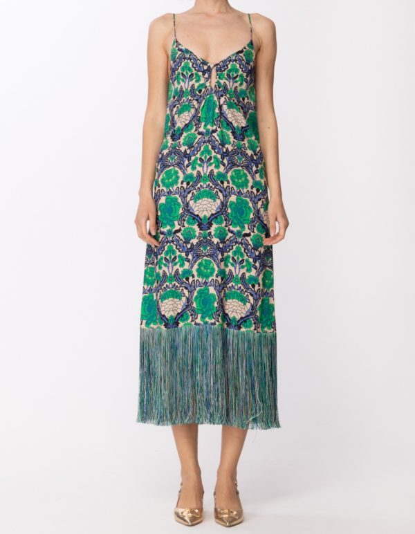 SIMONA CORSELLINI 
Abito lungo con stampa floreale e frange BRIGHT GREEN