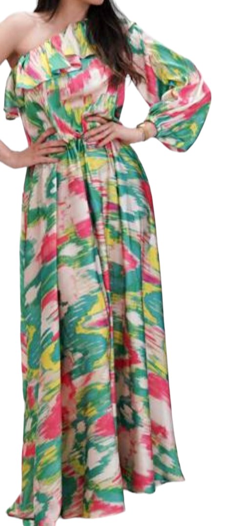 MARIUCCIA abito lungo fantasia mono spalla manica lunga con rouches