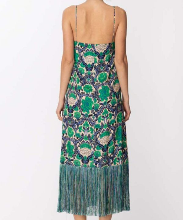 SIMONA CORSELLINI 
Abito lungo con stampa floreale e frange BRIGHT GREEN