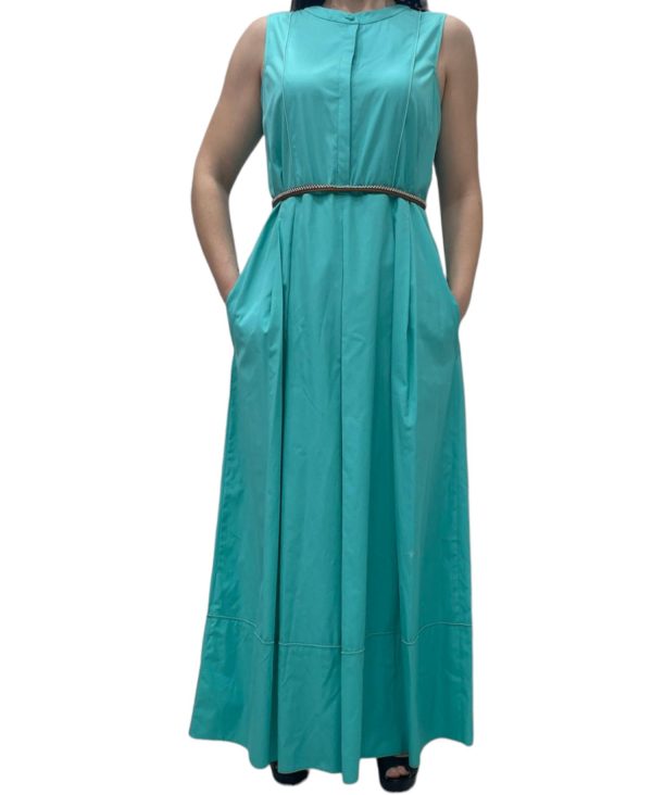 MAX MARA STUDIO abito lungo in cotone con bottoni e cintura in vita colore verde acqua