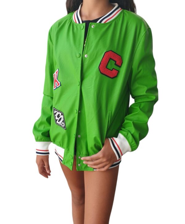 VICOLO Green faux leather bomber jacket with patch