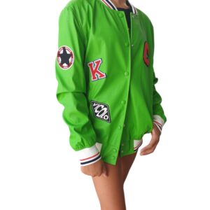 VICOLO Green faux leather bomber jacket with patch