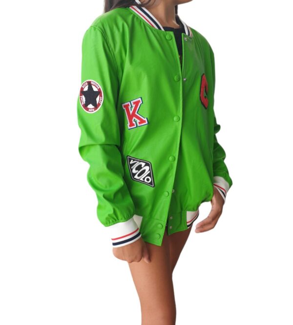 VICOLO Green faux leather bomber jacket with patch